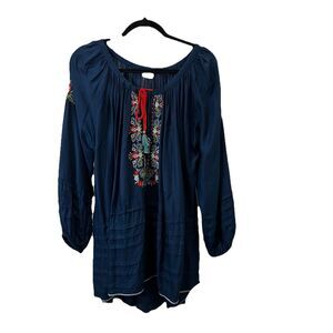 Kyla Seo Blue Red Floral Embroidered Tassels Peasant Boho Hippie Top Size L